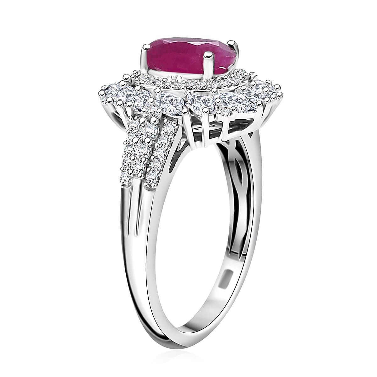 D'Joy Premium Taveta Ruby and Moissanite 3.00 ctw Floral Burst Ring in Rhodium Over Sterling Silver (Size  10.0)