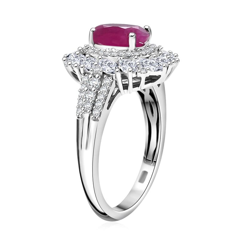 D'Joy Premium Taveta Ruby and Moissanite 3.00 ctw Floral Burst Ring in Rhodium Over Sterling Silver (Size  10.0)