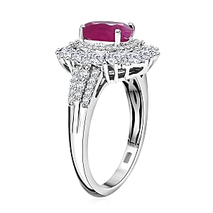 D'Joy Premium Taveta Ruby and Moissanite 3.00 ctw Floral Burst Ring in Rhodium Over Sterling Silver (Size 10.0)