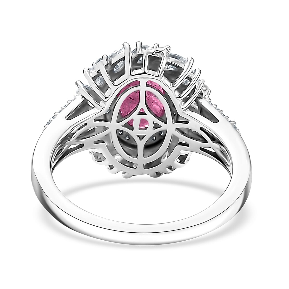 D'Joy Premium Taveta Ruby and Moissanite 3.00 ctw Floral Burst Ring in Rhodium Over Sterling Silver (Size 10.0) image number 4