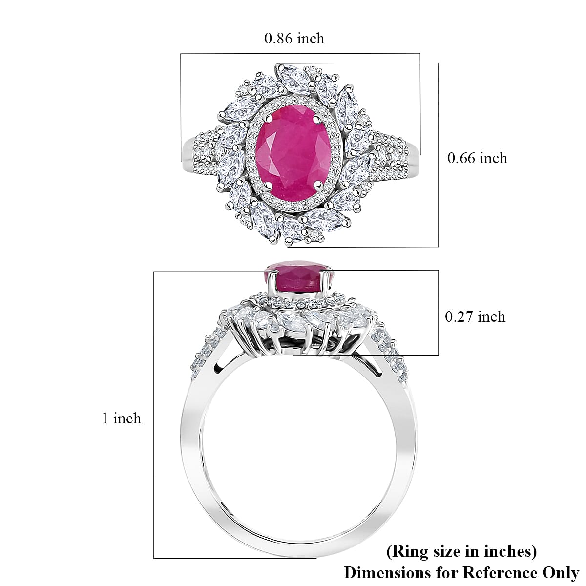 D'Joy Premium Taveta Ruby and Moissanite 3.00 ctw Floral Burst Ring in Rhodium Over Sterling Silver (Size  10.0)