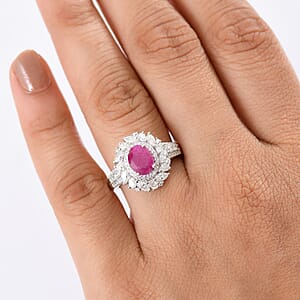 D'Joy Premium Taveta Ruby and Moissanite 3.00 ctw Floral Burst Ring in Rhodium Over Sterling Silver (Size 6.0)