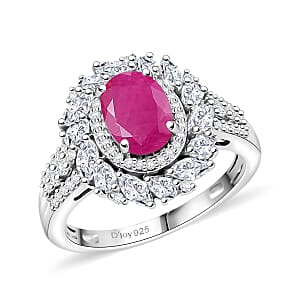 D'Joy Premium Taveta Ruby and Moissanite 3.00 ctw Floral Burst Ring in Rhodium Over Sterling Silver (Size 8.0)