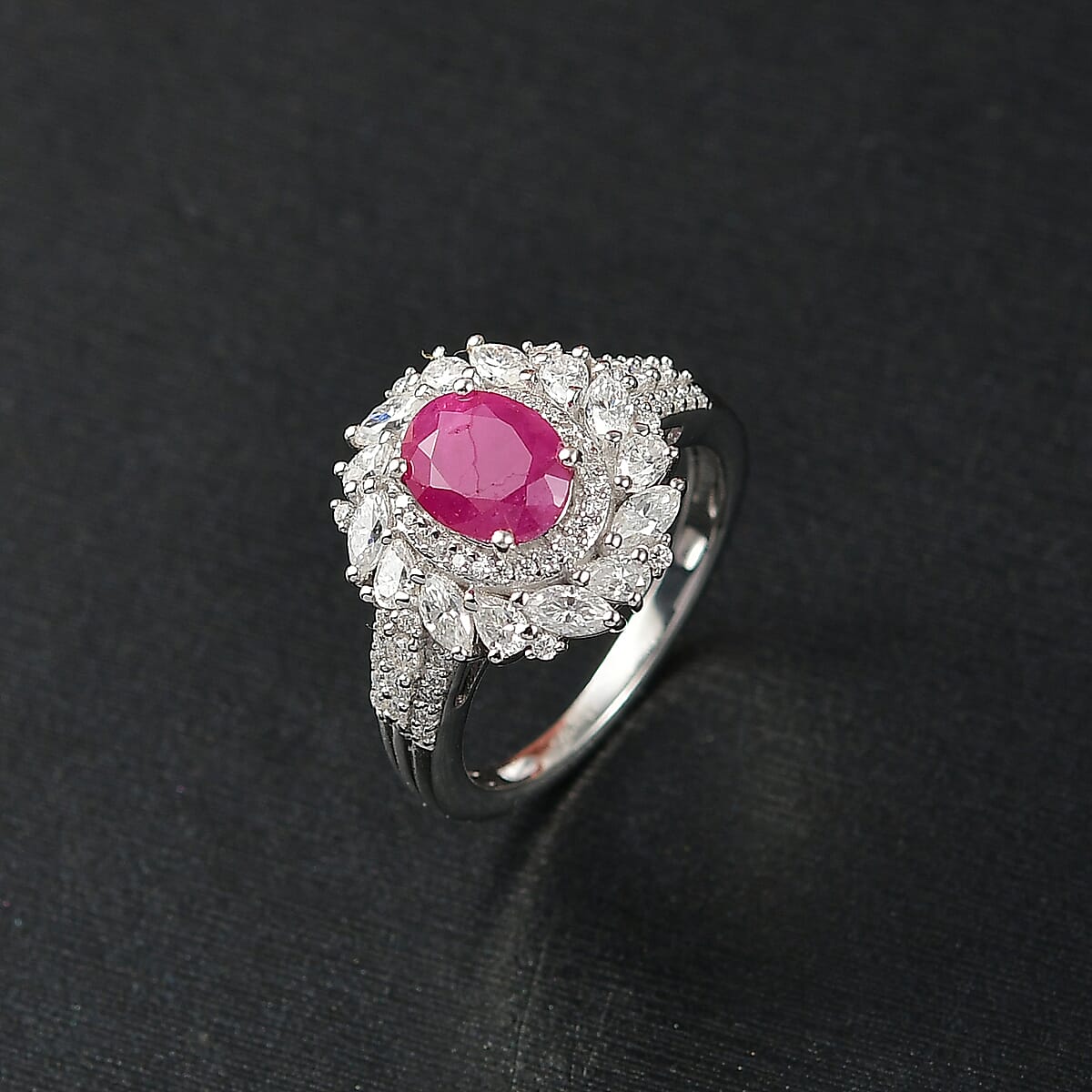 D'Joy Premium Taveta Ruby and Moissanite 3.00 ctw Floral Burst Ring in Rhodium Over Sterling Silver (Size 8.0) image number 1
