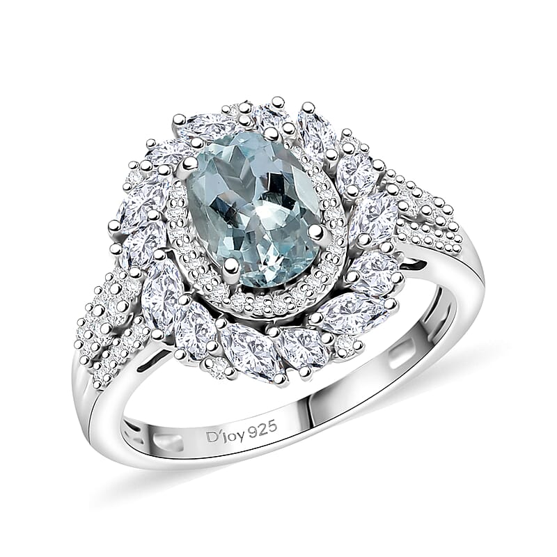 D'Joy Premium Mangoro Aquamarine and Moissanite 2.35 ctw Floral Burst Ring in Rhodium Over Sterling Silver (Size  10.0)