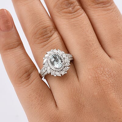 D'Joy Premium Mangoro Aquamarine and Moissanite 2.35 ctw Floral Burst Ring in Rhodium Over Sterling Silver (Size  10.0)