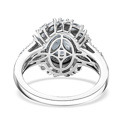 D'Joy Premium Mangoro Aquamarine and Moissanite 2.35 ctw Floral Burst Ring in Rhodium Over Sterling Silver (Size  10.0)