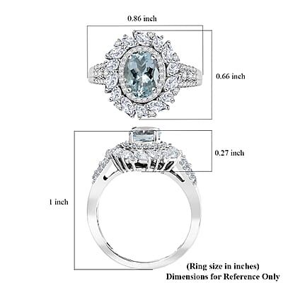 D'Joy Premium Mangoro Aquamarine and Moissanite 2.35 ctw Floral Burst Ring in Rhodium Over Sterling Silver (Size  10.0)