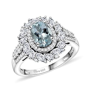 D'Joy Premium Mangoro Aquamarine and Moissanite 2.35 ctw Floral Burst Ring in Rhodium Over Sterling Silver (Size 7.0)