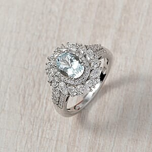 D'Joy Premium Mangoro Aquamarine and Moissanite 2.35 ctw Floral Burst Ring in Rhodium Over Sterling Silver (Size 7.0)