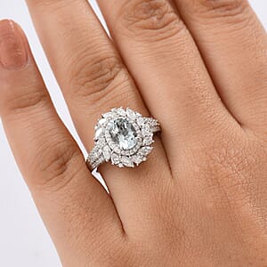 D'Joy Premium Mangoro Aquamarine and Moissanite 2.35 ctw Floral Burst Ring in Rhodium Over Sterling Silver (Size 7.0)