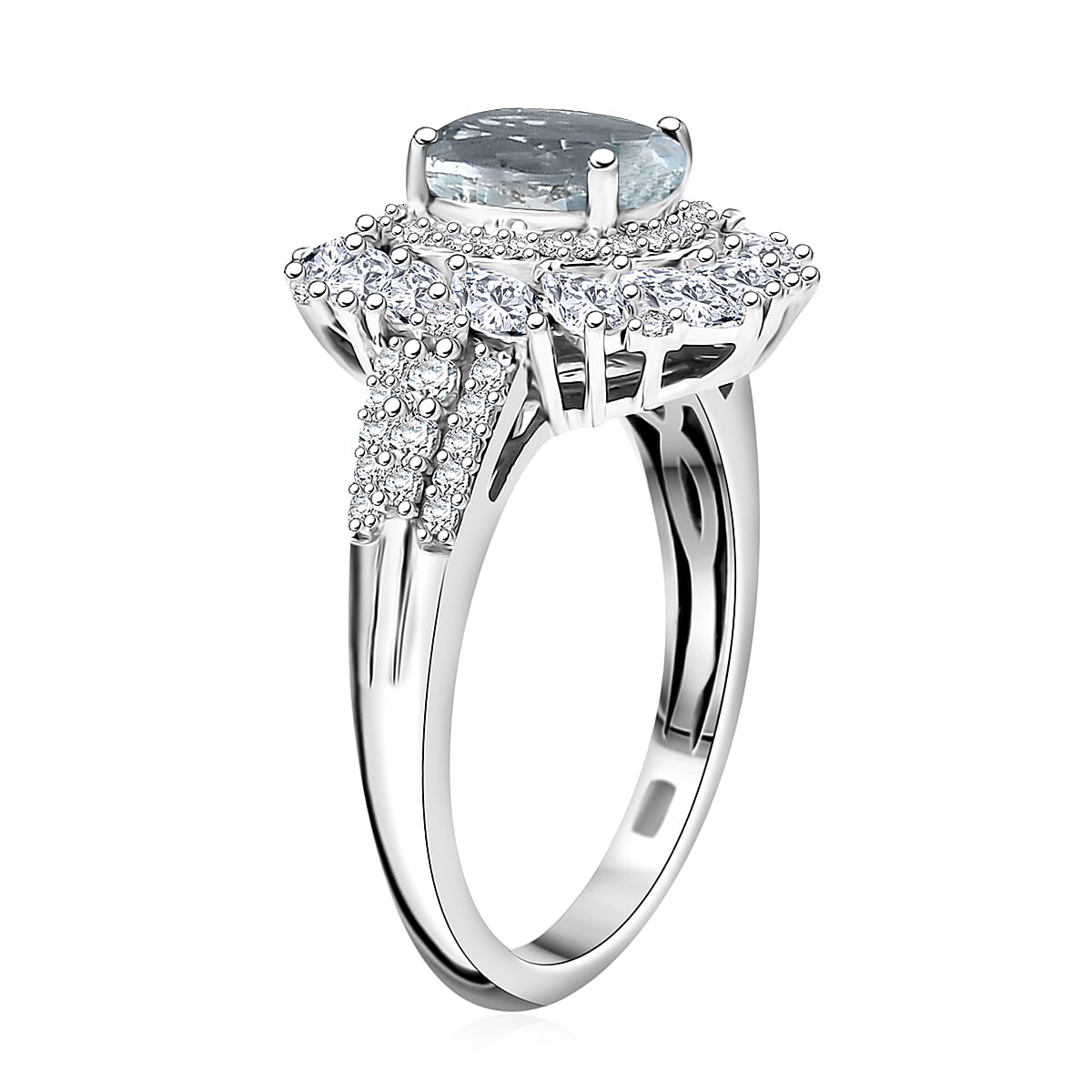 D'Joy Premium Mangoro Aquamarine and Moissanite 2.35 ctw Floral Burst Ring in Rhodium Over Sterling Silver (Size 7.0) image number 3