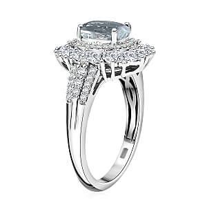 D'Joy Premium Mangoro Aquamarine and Moissanite 2.35 ctw Floral Burst Ring in Rhodium Over Sterling Silver (Size 7.0)