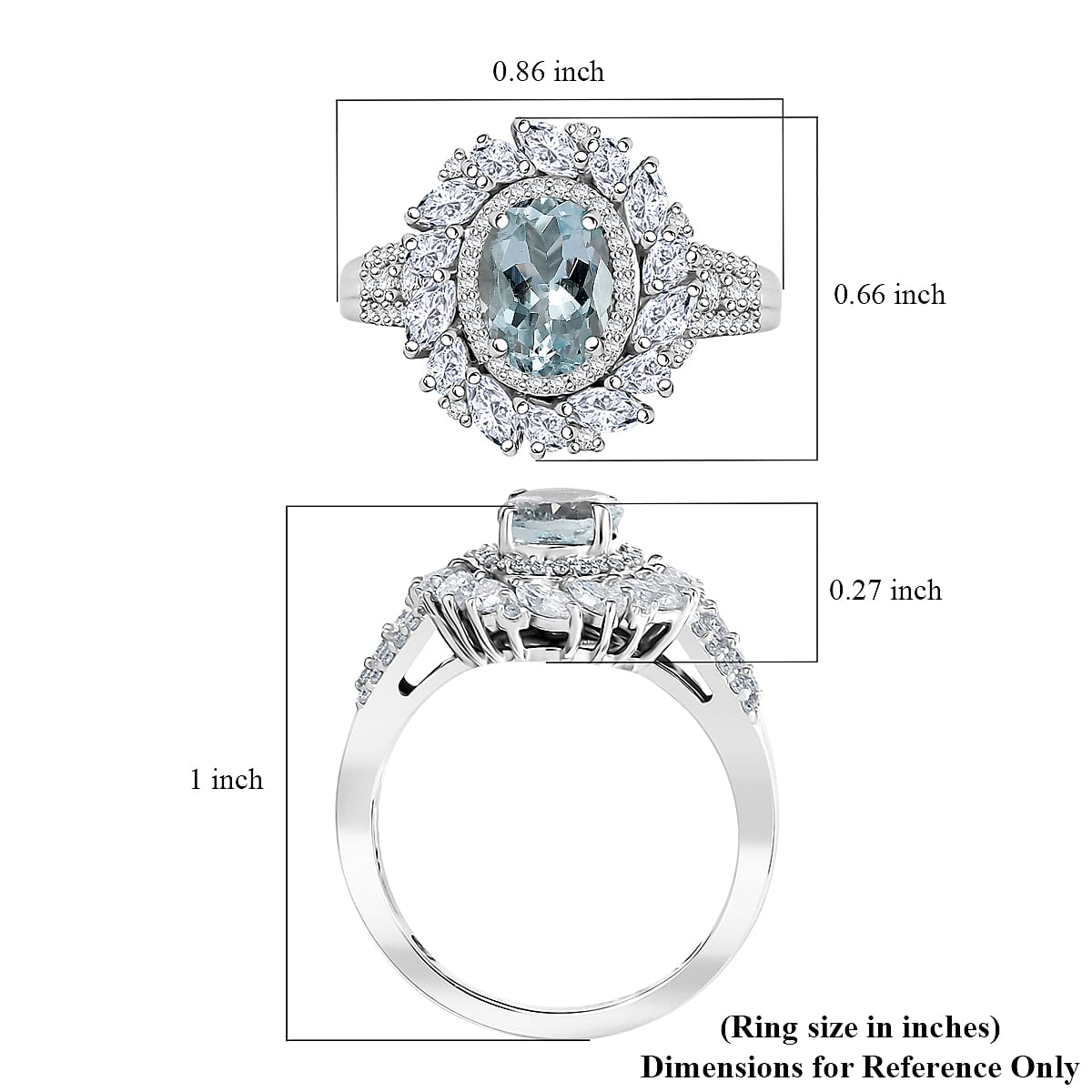 D'Joy Premium Mangoro Aquamarine and Moissanite 2.35 ctw Floral Burst Ring in Rhodium Over Sterling Silver (Size 7.0) image number 5