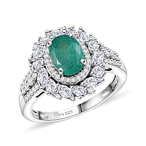 D'Joy Kagem Zambian Emerald and Moissanite 2.35 ctw Floral Burst Ring in Rhodium Over Sterling Silver (Size 7.0)