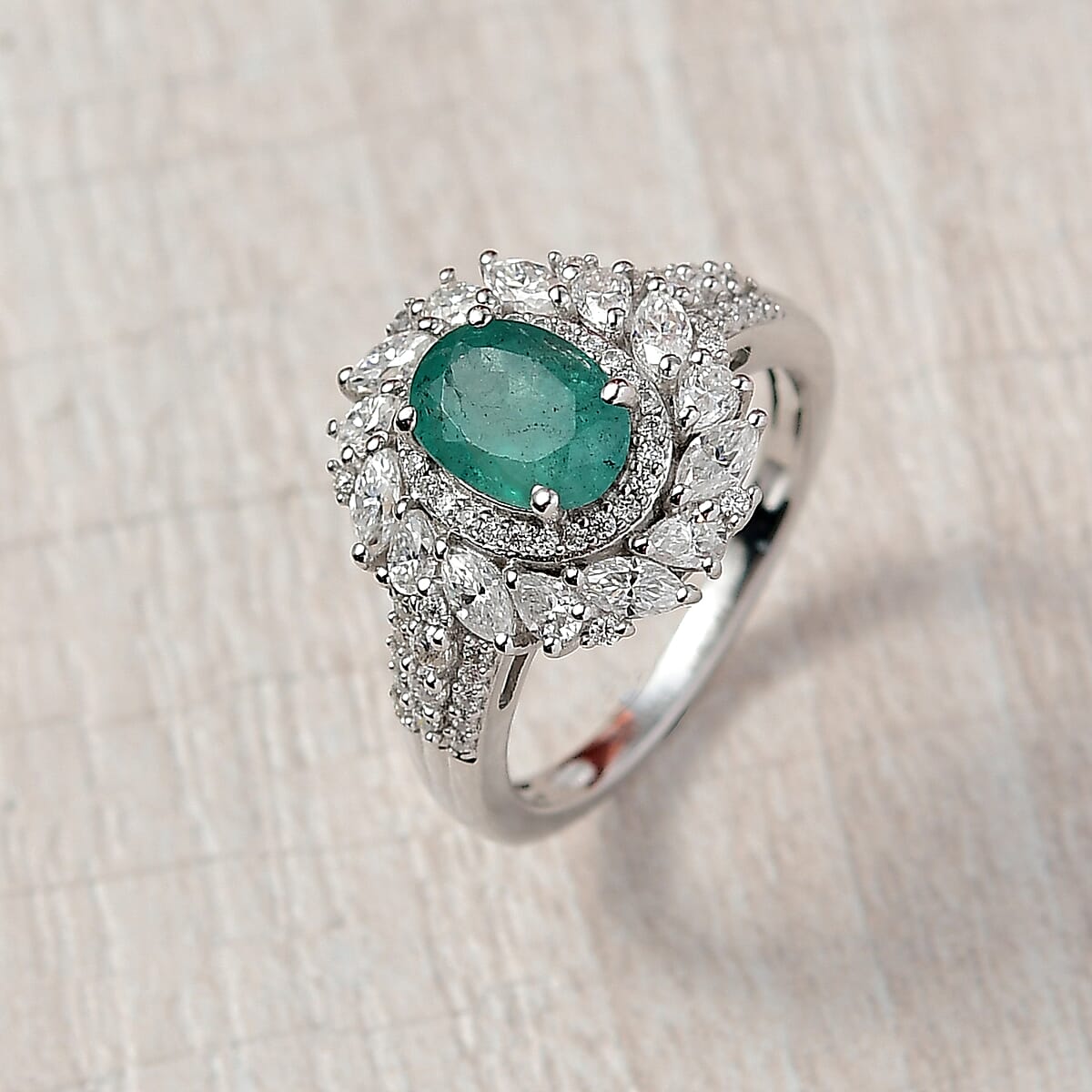 D'Joy Kagem Zambian Emerald and Moissanite 2.35 ctw Floral Burst Ring in Rhodium Over Sterling Silver (Size 7.0) image number 1