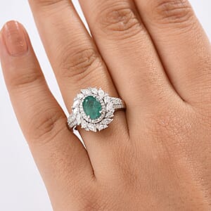 D'Joy Kagem Zambian Emerald and Moissanite 2.35 ctw Floral Burst Ring in Rhodium Over Sterling Silver (Size 7.0)