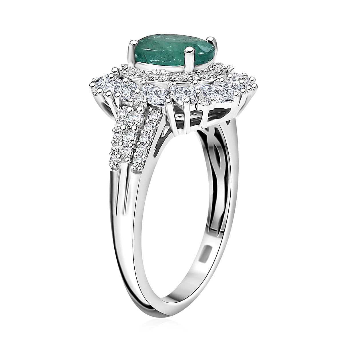 D'Joy Kagem Zambian Emerald and Moissanite 2.35 ctw Floral Burst Ring in Rhodium Over Sterling Silver (Size 7.0) image number 3