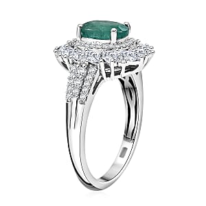 D'Joy Kagem Zambian Emerald and Moissanite 2.35 ctw Floral Burst Ring in Rhodium Over Sterling Silver (Size 7.0)