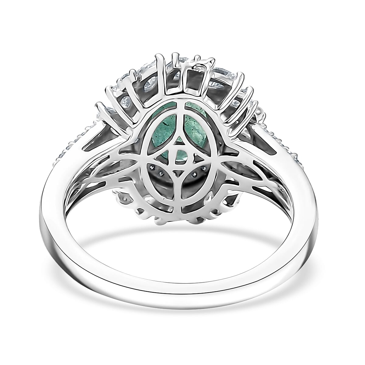 D'Joy Kagem Zambian Emerald and Moissanite 2.35 ctw Floral Burst Ring in Rhodium Over Sterling Silver (Size 7.0) image number 4