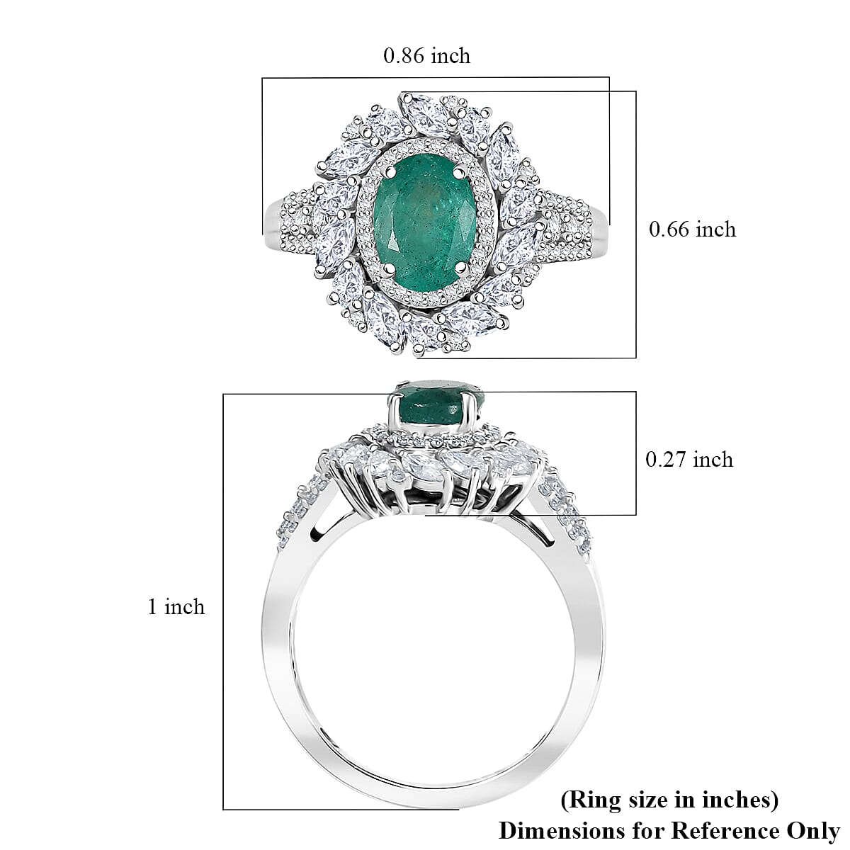 D'Joy Kagem Zambian Emerald and Moissanite 2.35 ctw Floral Burst Ring in Rhodium Over Sterling Silver (Size 7.0) image number 5