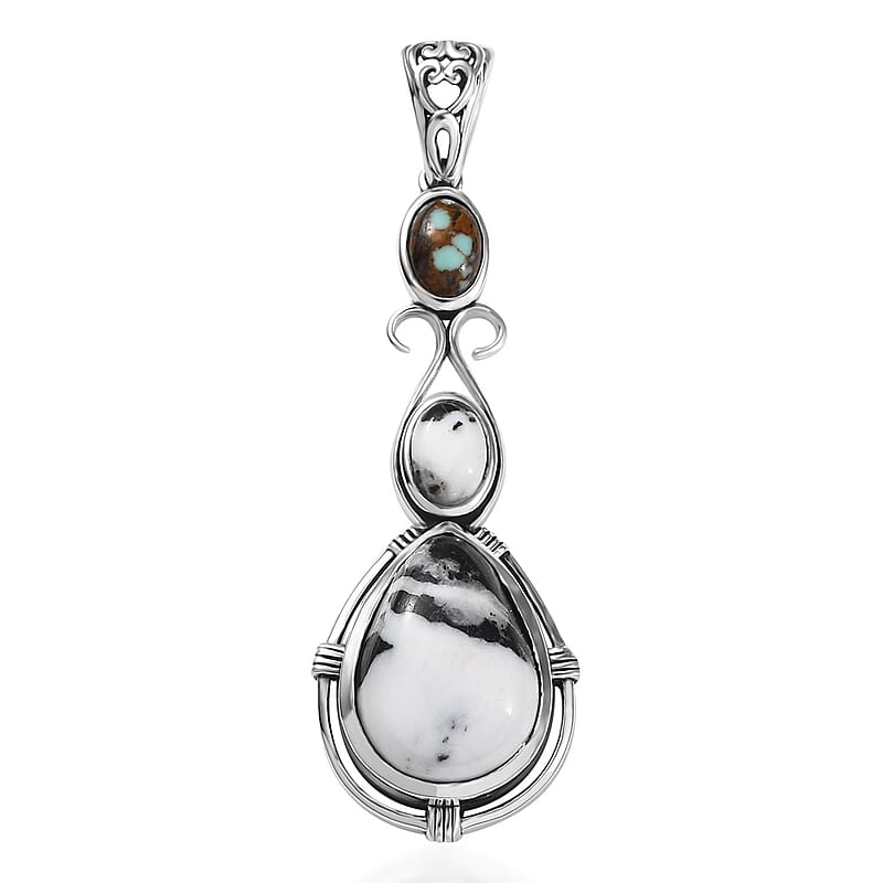 D'Joy Artisan Crafted White Buffalo and Blue Horizon Turquoise 6.70 ctw Pendant without Chain in Sterling Silver
