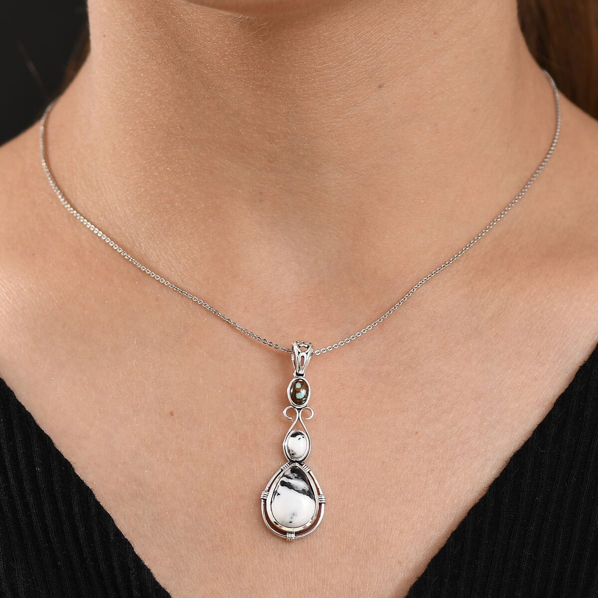 D'Joy Artisan Crafted White Buffalo and Blue Horizon Turquoise 6.70 ctw Pendant without Chain in Sterling Silver image number 2