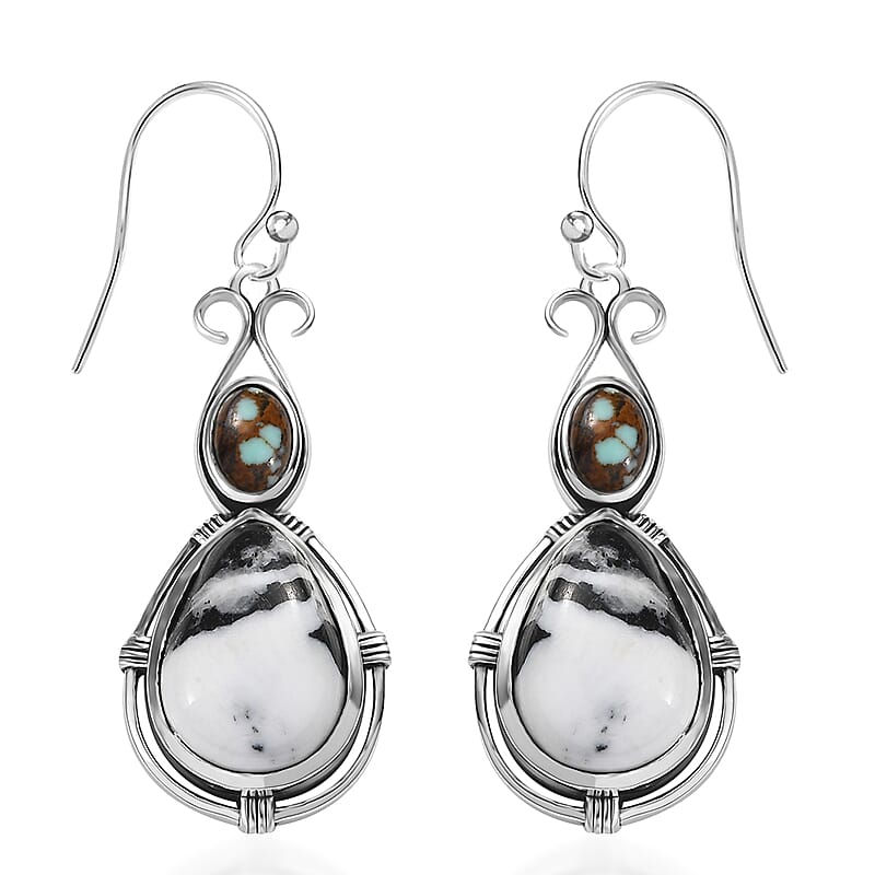D'Joy Artisan Crafted White Buffalo and Blue Horizon Turquoise 3.90 ctw Earrings in Sterling Silver
