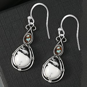 D'Joy Artisan Crafted White Buffalo and Blue Horizon Turquoise 3.90 ctw Earrings in Sterling Silver
