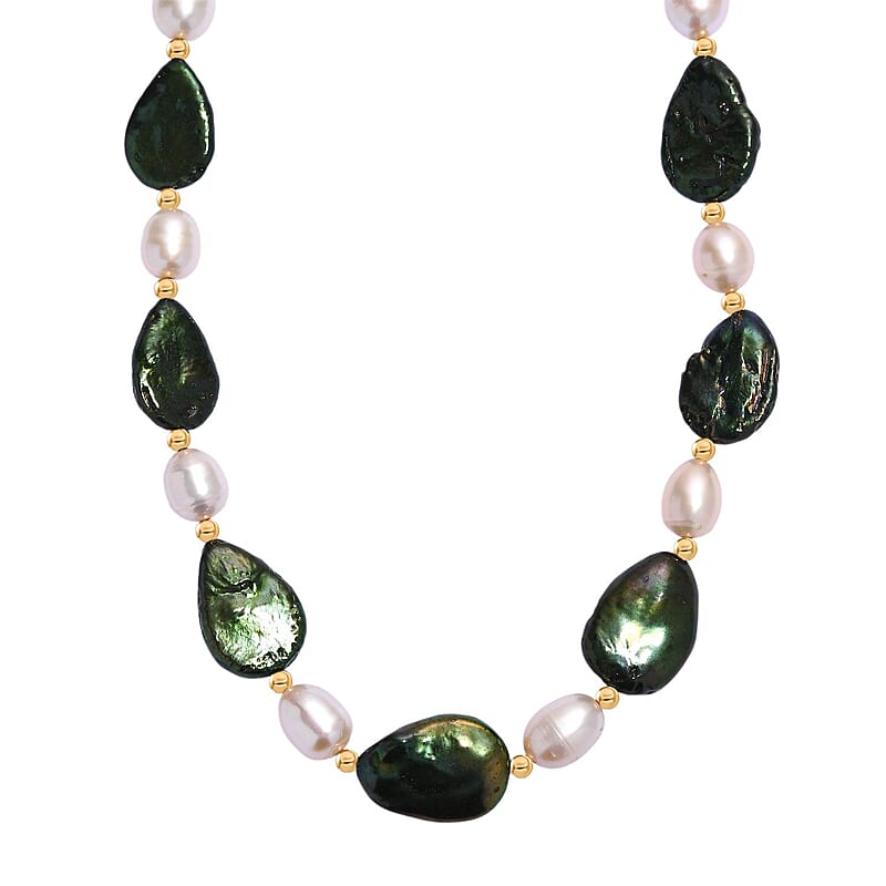 Green Jade (D) and  FreshWater Pearl 100.00 ctw Necklace in Stainless Steel (18 Inches) 