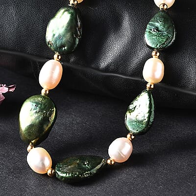 Green Jade (D) and  FreshWater Pearl 100.00 ctw Necklace in Stainless Steel (18 Inches) 