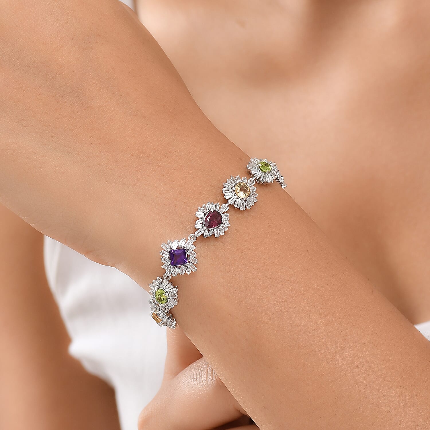 GP Italian Garden Collection Multi Gemstone 13.50 ctw Bracelet in Rhodium Over Sterling Silver (6.50 In)