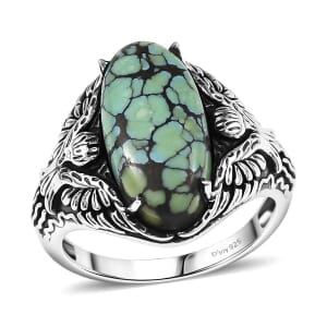 D’Joy Artisan Crafted Whispering Web Turquoise 4.90 ctw Thunderbird Phoenix Ring in Sterling Silver (Size 10.0)