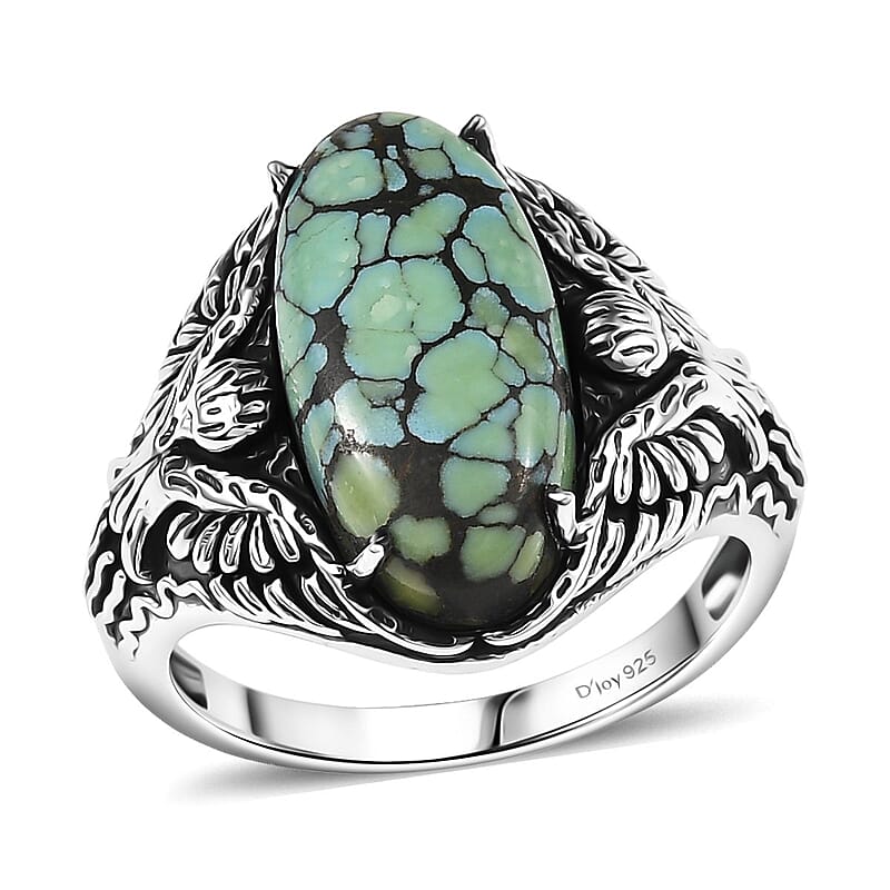 D'Joy Artisan Crafted Whispering Web Turquoise 4.90 ctw Thunderbird Phoenix Ring in Sterling Silver (Size 10.0)