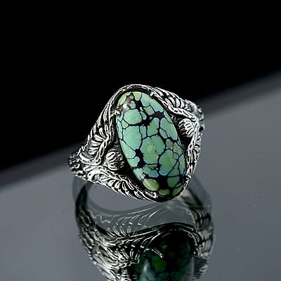 D'Joy Artisan Crafted Whispering Web Turquoise 4.90 ctw Thunderbird Phoenix Ring in Sterling Silver (Size 10.0)