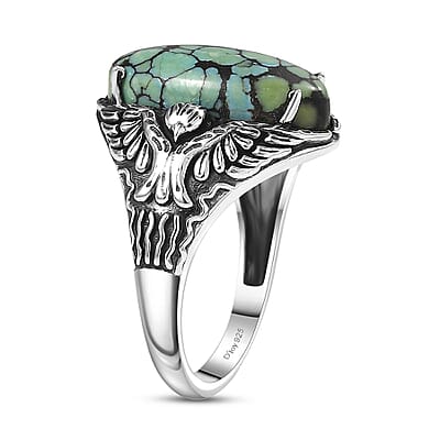 D'Joy Artisan Crafted Whispering Web Turquoise 4.90 ctw Thunderbird Phoenix Ring in Sterling Silver (Size 10.0)