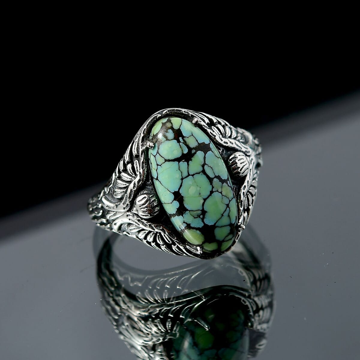 D’Joy Artisan Crafted Whispering Web Turquoise 4.90 ctw Thunderbird Phoenix Ring in Sterling Silver (Size 7.0) image number 1