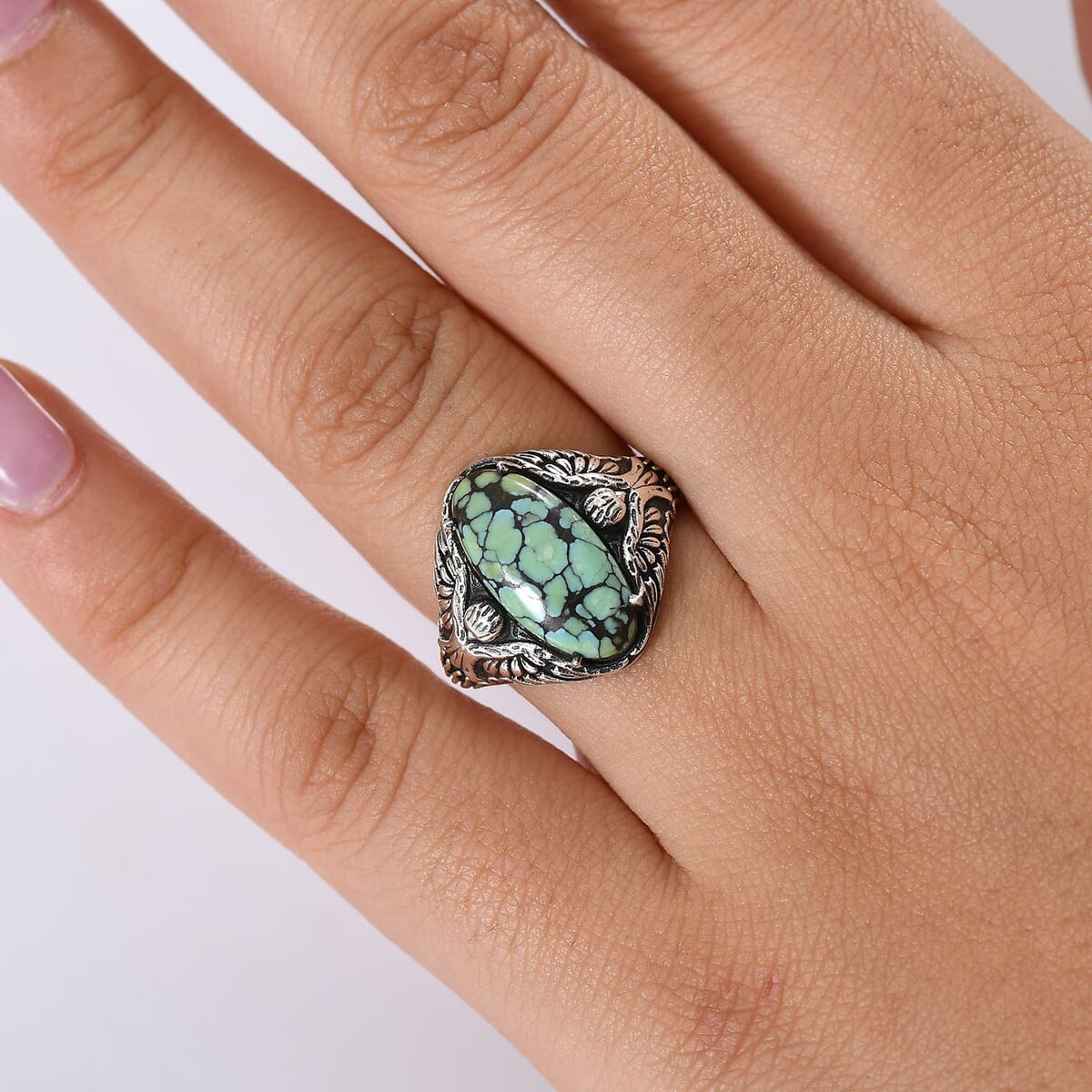 D’Joy Artisan Crafted Whispering Web Turquoise 4.90 ctw Thunderbird Phoenix Ring in Sterling Silver (Size 7.0) image number 2