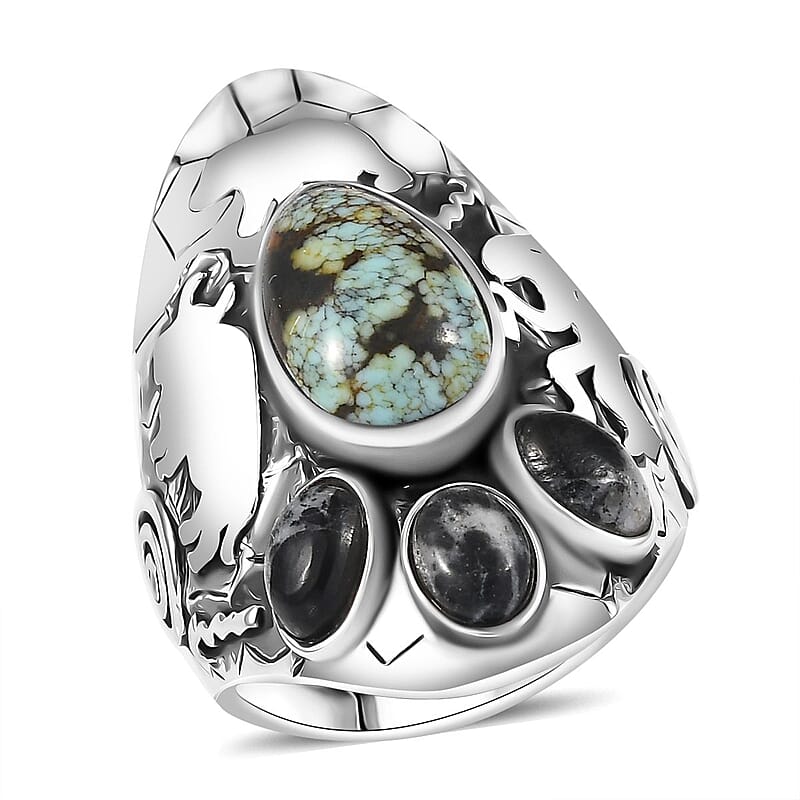 D'Joy Artisan Crafted Whispering Web Turquoise and White Buffalo 4.40 ctw Bear, Kokopelli and Bull Ring in Sterling Silver (Size 10.0)