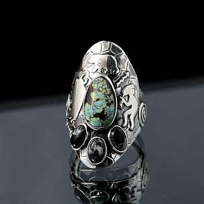 D'Joy Artisan Crafted Whispering Web Turquoise and White Buffalo 4.40 ctw Bear, Kokopelli and Bull Ring in Sterling Silver (Size 10.0)