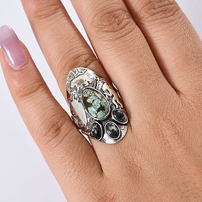 D'Joy Artisan Crafted Whispering Web Turquoise and White Buffalo 4.40 ctw Bear, Kokopelli and Bull Ring in Sterling Silver (Size 10.0)