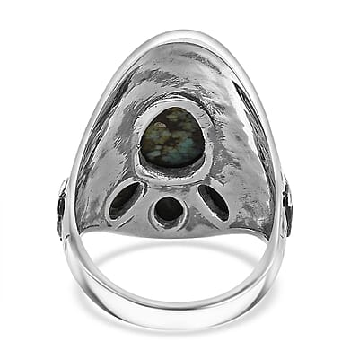D'Joy Artisan Crafted Whispering Web Turquoise and White Buffalo 4.40 ctw Bear, Kokopelli and Bull Ring in Sterling Silver (Size 10.0)