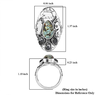 D'Joy Artisan Crafted Whispering Web Turquoise and White Buffalo 4.40 ctw Bear, Kokopelli and Bull Ring in Sterling Silver (Size 10.0)