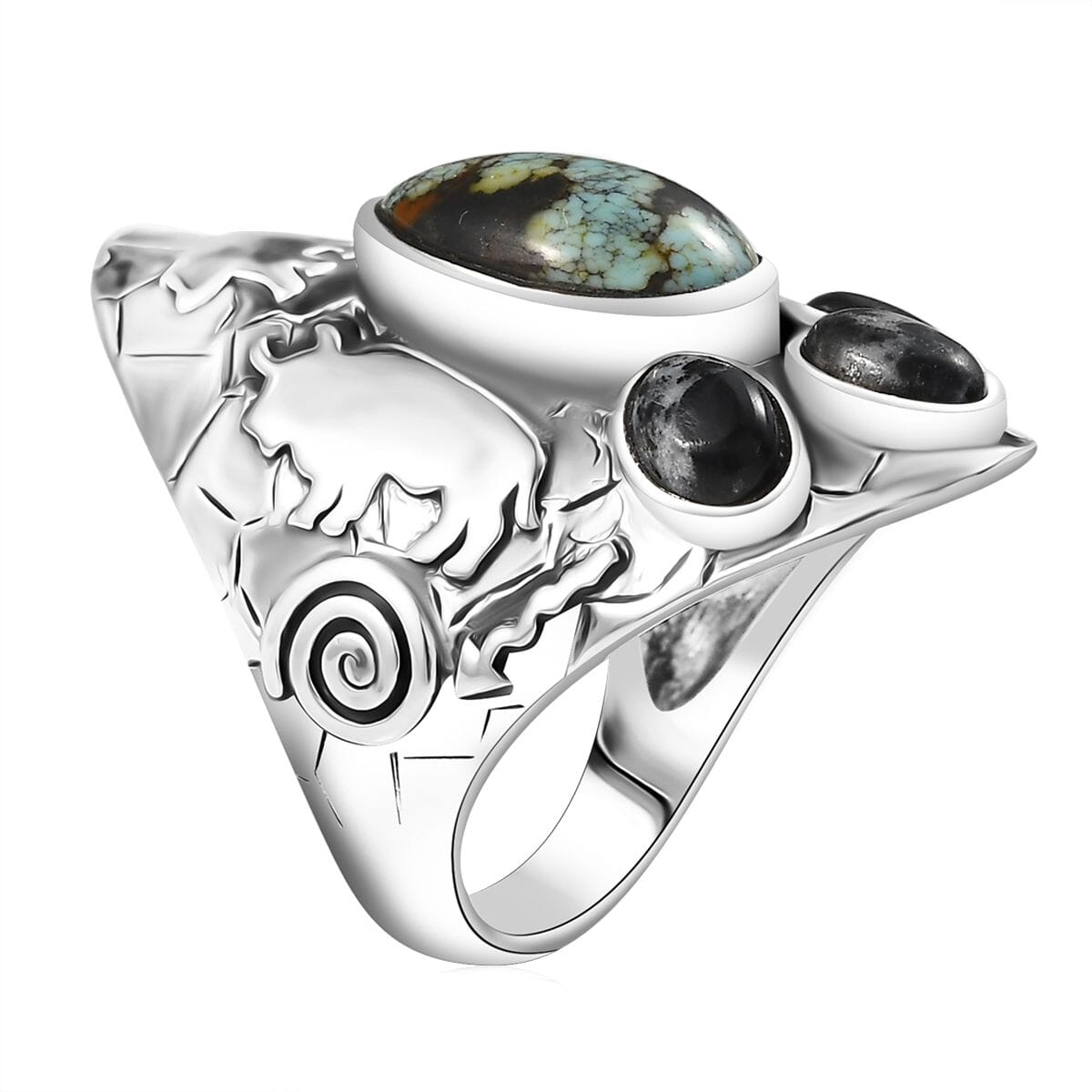 D'Joy Artisan Crafted Whispering Web Turquoise and White Buffalo 4.40 ctw Bear, Kokopelli and Bull Ring in Sterling Silver (Size 7.0) image number 3