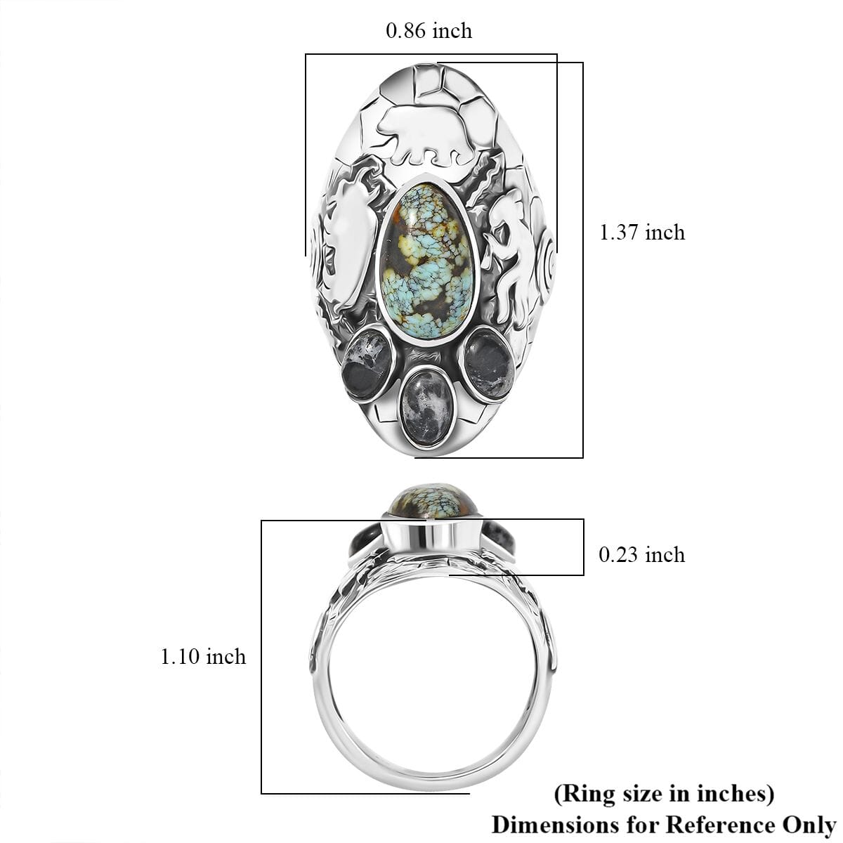 D'Joy Artisan Crafted Whispering Web Turquoise and White Buffalo 4.40 ctw Bear, Kokopelli and Bull Ring in Sterling Silver (Size 7.0) image number 5