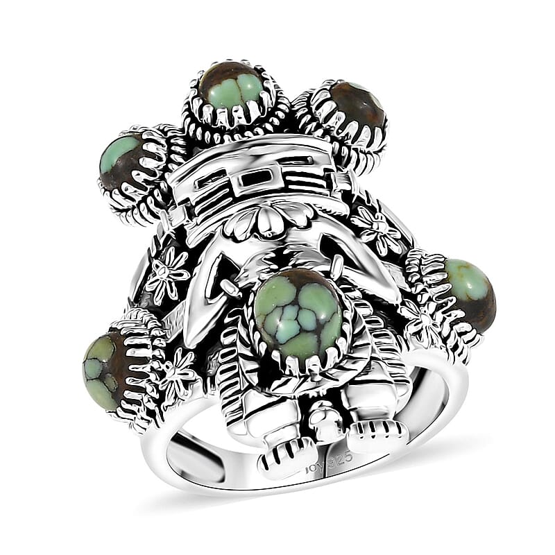D'Joy Artisan Crafted Whispering Web Turquoise 2.65 ctw Kachina Dolls Ring in Sterling Silver (Size 10.0)