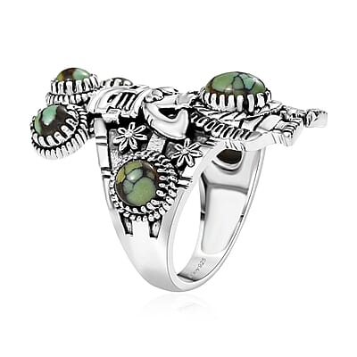 D'Joy Artisan Crafted Whispering Web Turquoise 2.65 ctw Kachina Dolls Ring in Sterling Silver (Size 10.0)