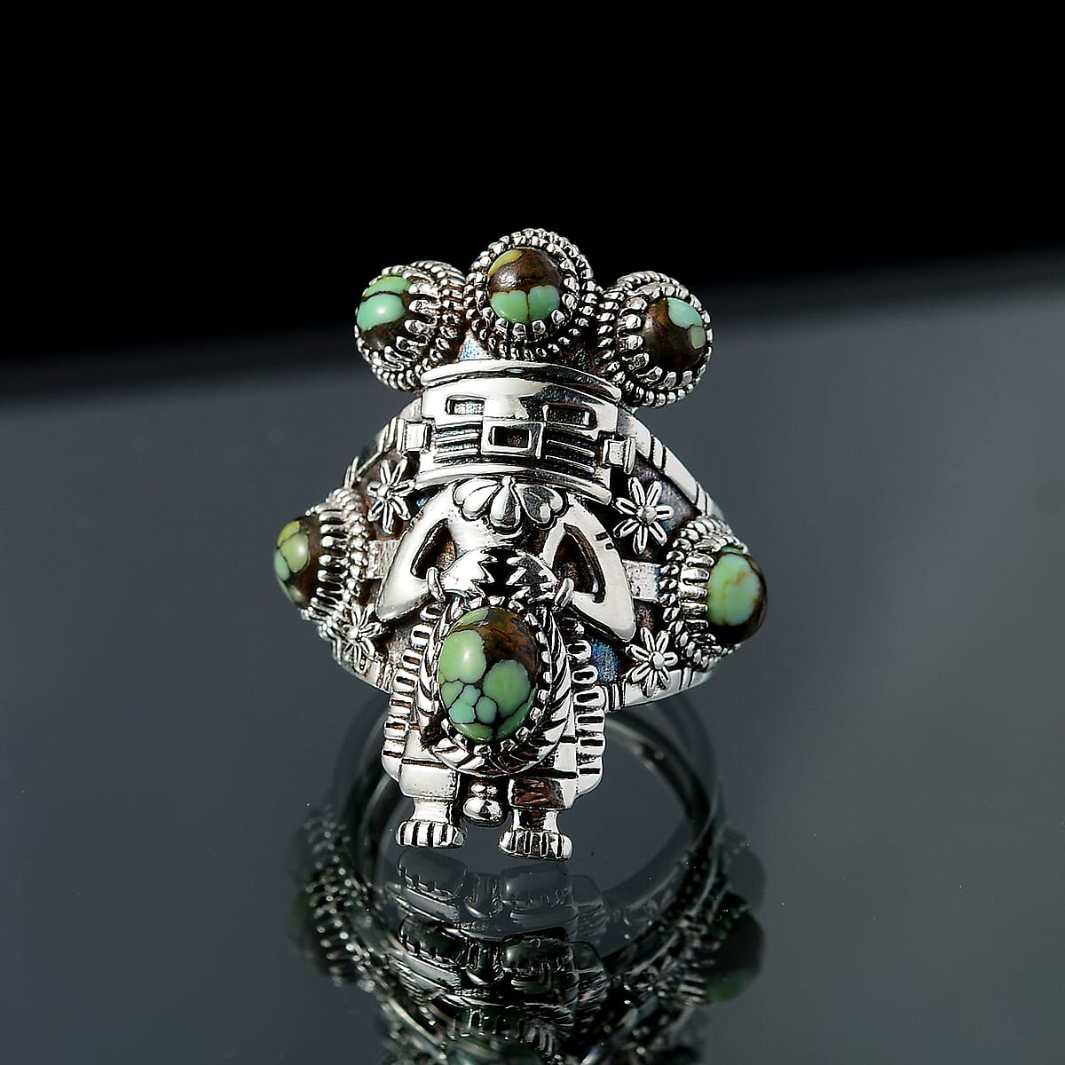 D'Joy Artisan Crafted Whispering Web Turquoise 2.65 ctw Kachina Dolls Ring in Sterling Silver (Size 6.0) image number 1