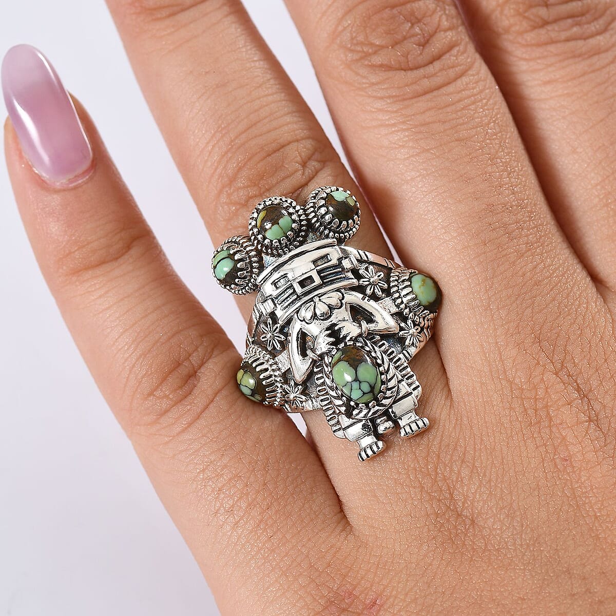 D'Joy Artisan Crafted Whispering Web Turquoise 2.65 ctw Kachina Dolls Ring in Sterling Silver (Size 6.0) image number 2