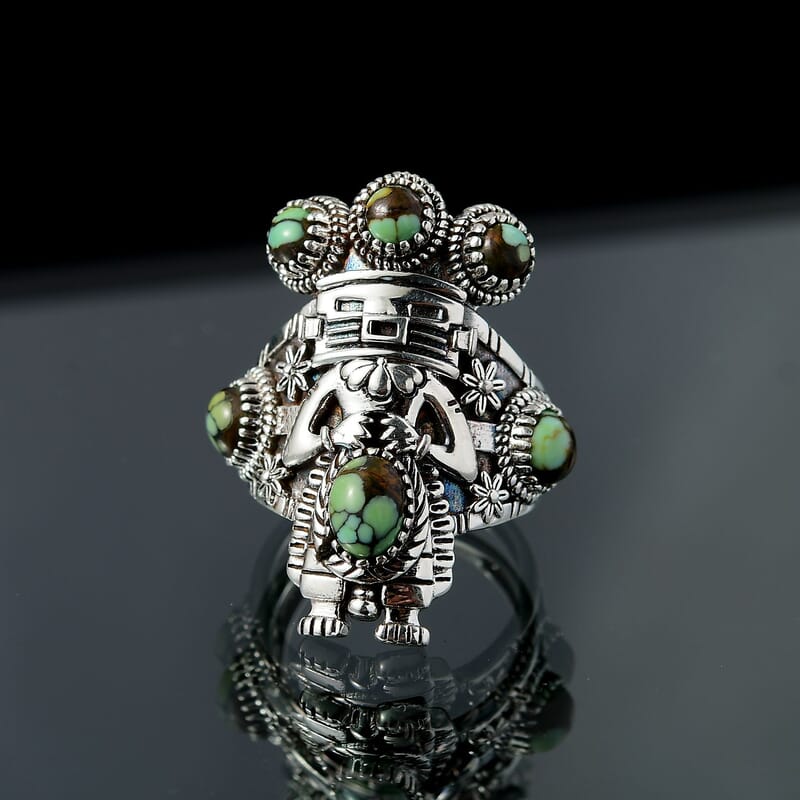 D'Joy Artisan Crafted Whispering Web Turquoise 2.65 ctw Kachina Dolls Ring in Sterling Silver (Size 7.0)
